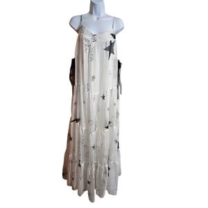 FashionMia Tiered Square Neck Lined Artsy Organza Maxi Dress Medium White Black